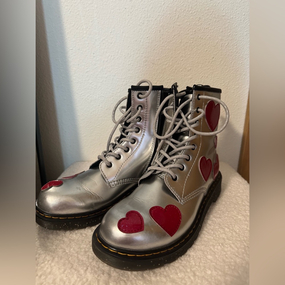 Dr. Martens Silver Boots with Red Hearts
